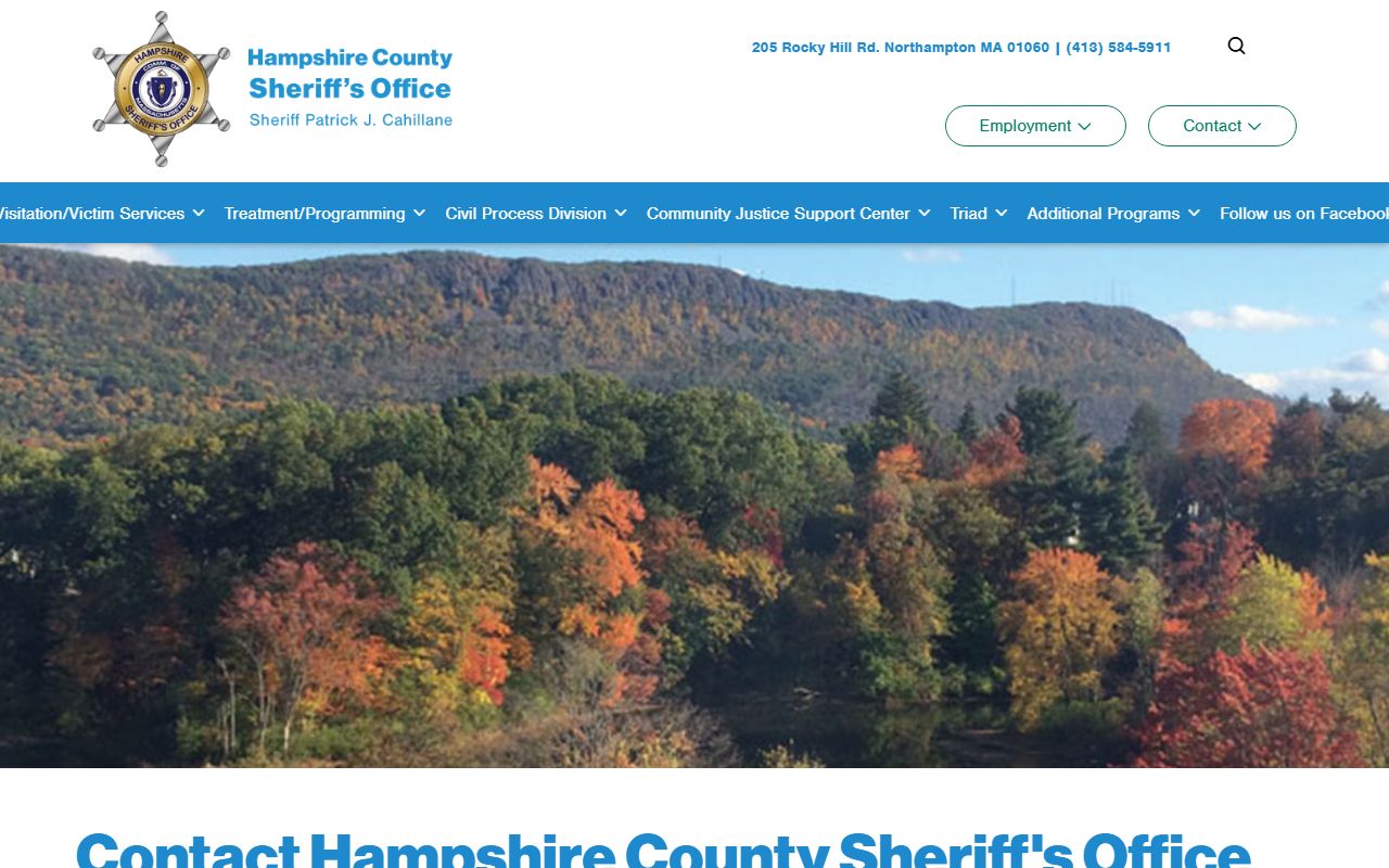 Hampshire County Jail and House of Correction contact page for inmate lookup